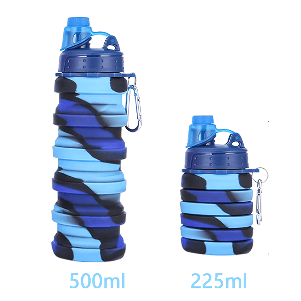 Reusable Collapsible Bottle with Carabiner - SF3489 in blue, shown in 500ml and 225ml sizes, perfect for travel and active lifestyles.